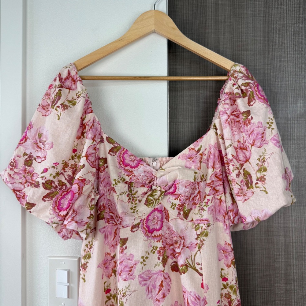 Avec Les Filles Pink Floral Print Puffed Sleeve Twist Bodice Midi Dress Size 12 - Picture 5 of 13